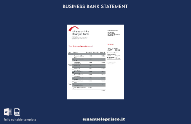 modello Word e PDF di estratto conto aziendale Boubyan Bank in stile verificato